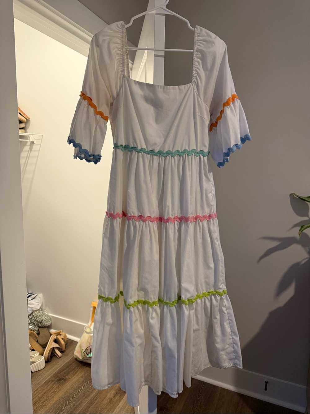 entro White Tiered Dress with Multicolor Rickrack Trim